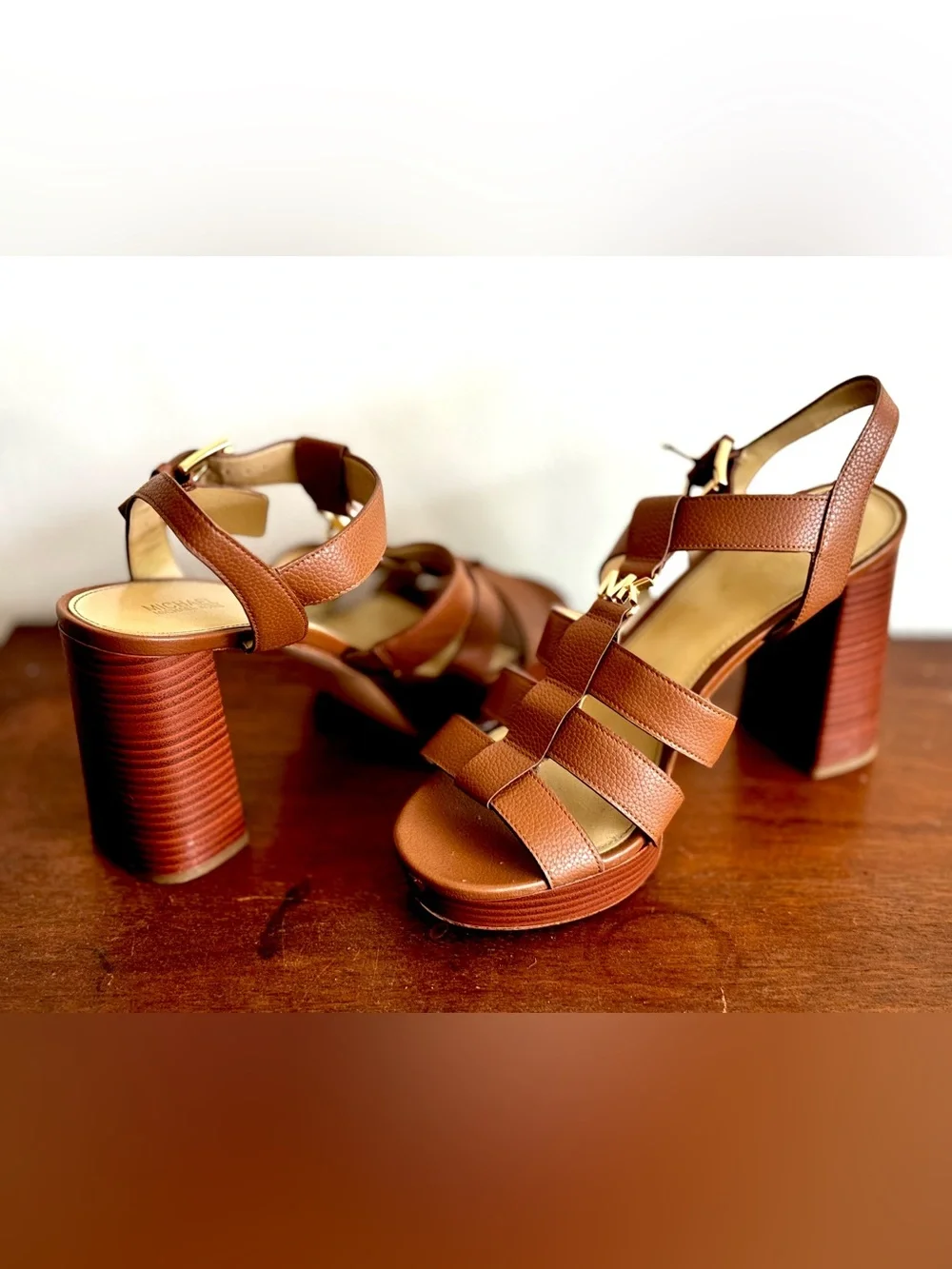 Michael Kors Brown Leather Platform Block Heel Sandals